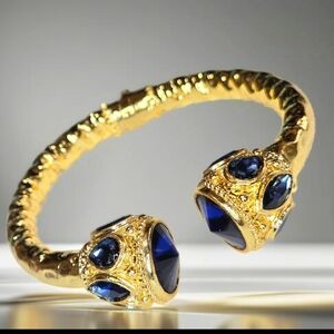 Jawdropping 22k Gold Byzantine Hammered Crowned Sapphire Bangle Cuff Bracelet